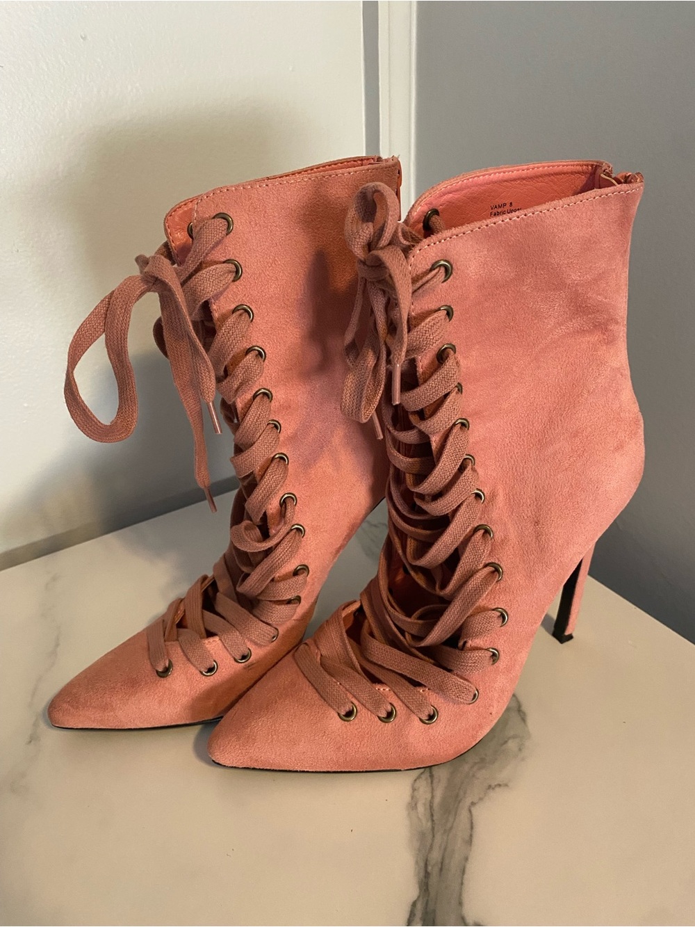 Fashion Nova Dusty Rose Lace-Up Pointed Toe Stiletto Booties